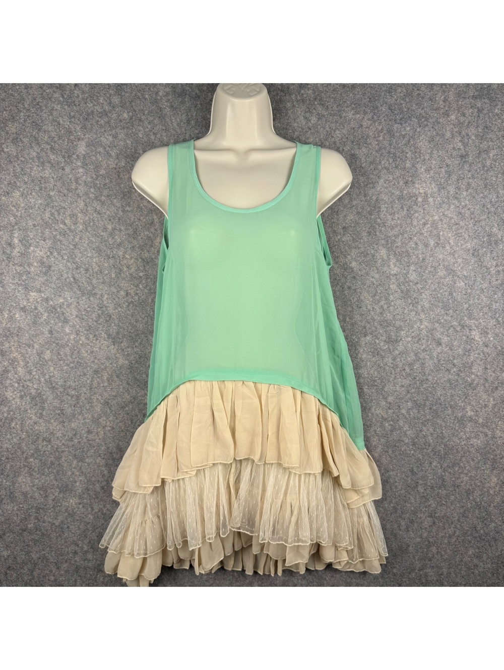 Ciel Tiered Ruffle Sleeveless Dress Scoop Neck Mint Green Ivory Size Small 935